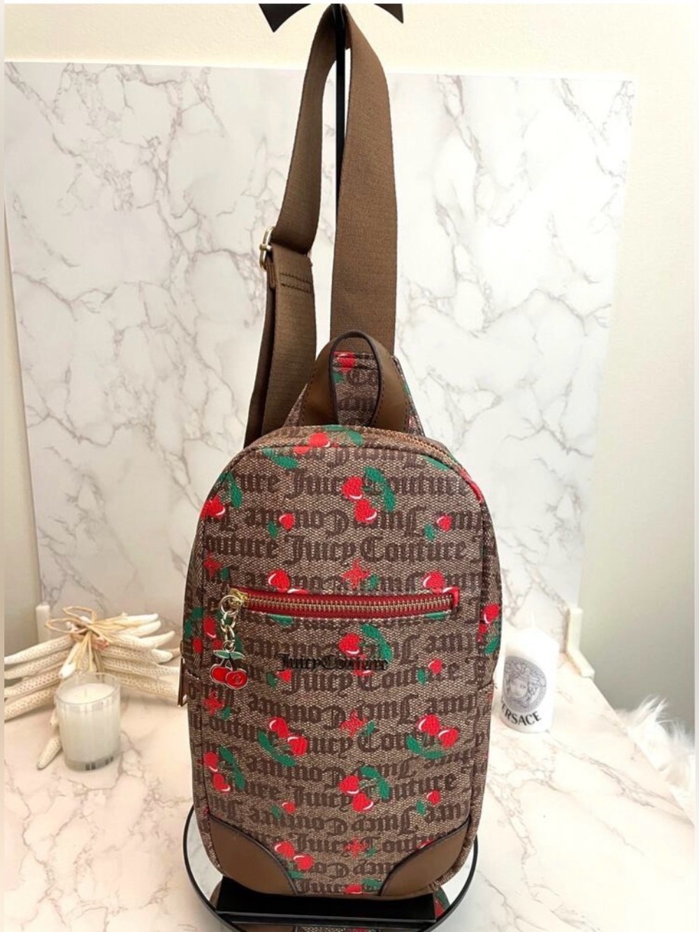 Juicy Couture Cherry Chestnut Chino Juicy Fruit Monogram Sling Bag NWOT